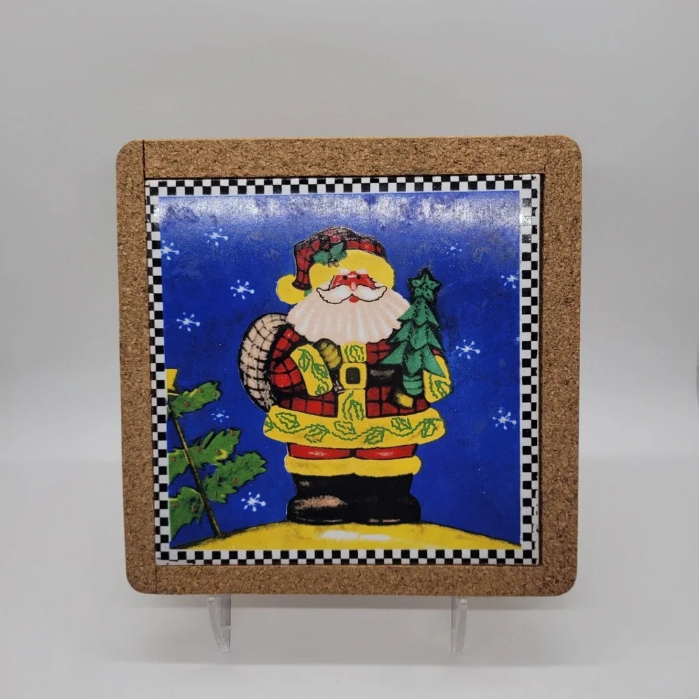 Vintage Christmas Santa Snowman Cork‎ Ceramic Trivets Set of 3 Holiday Decor